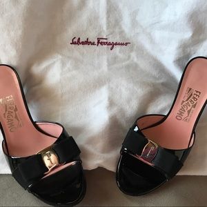 Ferragamo black patent peep toe pumps